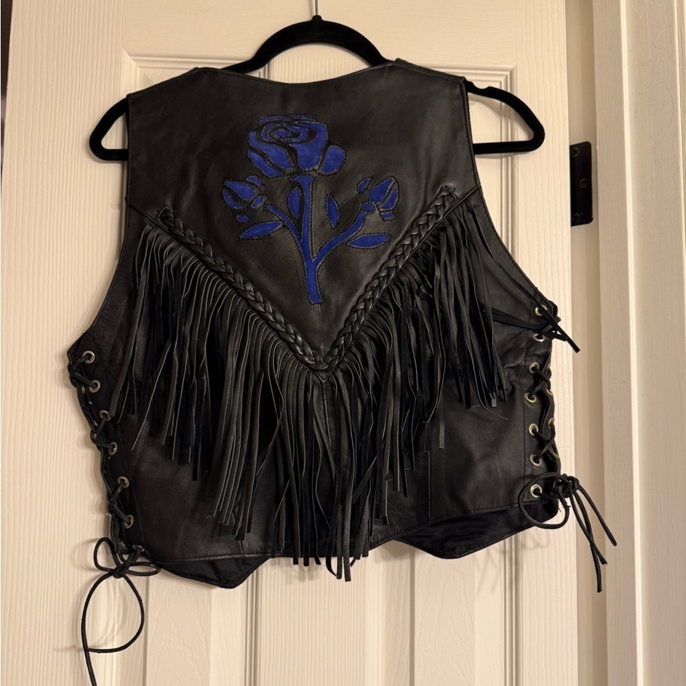 Unik Black Leather Vest with Blue Embroidery S - Picture 4 of 4